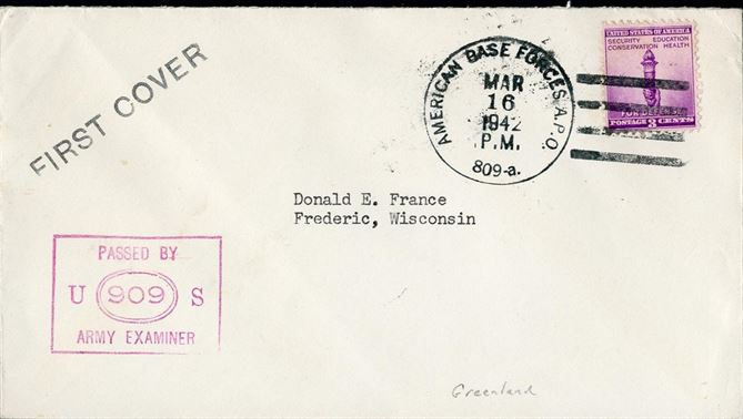 Iceland APO 809-a, FIRST COVER stamped 16 March 1942, the number 809-a quite scarce.