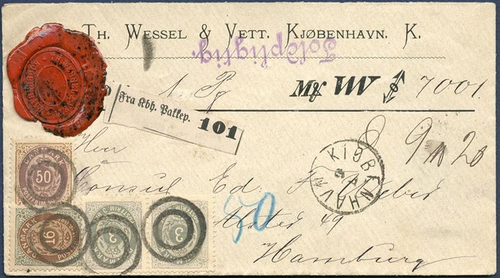 Parcel letter weighing 9  20 quint sent from Copenhagen to Hamburg 7 June 1882, bearing two 3 øre, 16 øre and 50 øre bicolored tied by 2-ring without number. Colorfull letter.