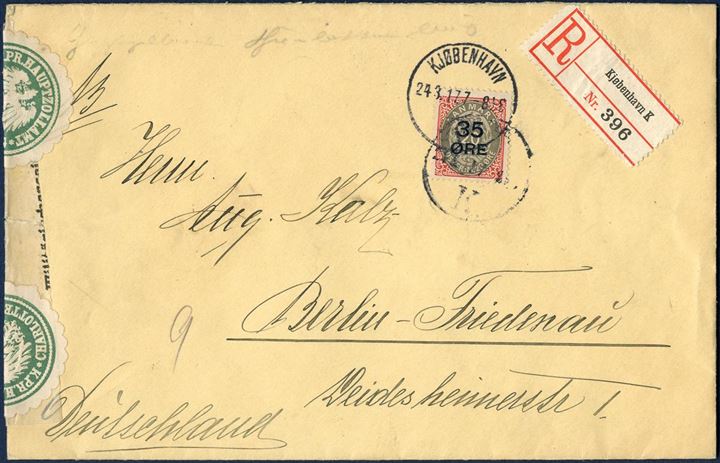 Registered letter sent form Copenhagen to Berlin 24 March 1917, bearing a 35/20 øre provisional tied by Copenhagen CDS, opened by German Customs in Charlottenburg and resealed.