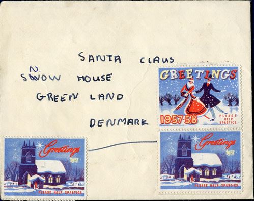 Envelope sent from Derby to Santa Claus, Greenland 1957, with letter inside.