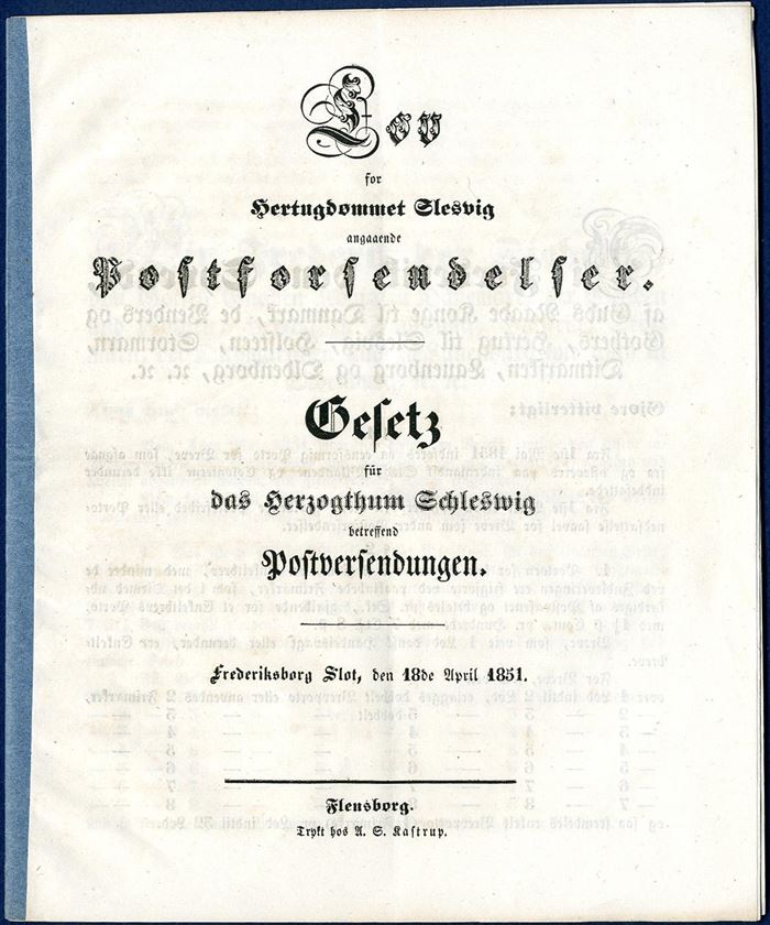 The Postal Law of Schleswig 18. April 1851. The use of 4 RBS was introduced 1 May 1851.
