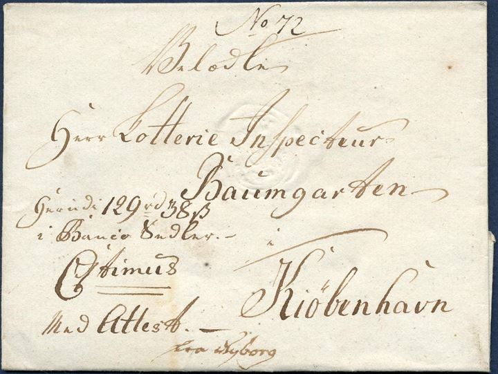 Banco-letter (value letter) 129 Rdl. 38 sk. sent from Nyborg to Copenhagen (Baumgarten 1766-1791), with Nyborg's post office seal “NYBORG C7” and roayal insignie C7 timus.