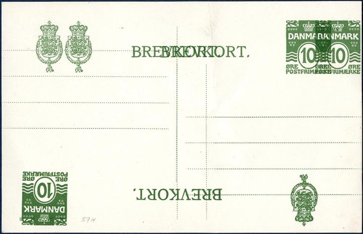 10 øre green wavy-line BREVKORT with double and double inverted overprint. A most interesting item for the specialist. Ringstrøm 81AyII. SK EB81.