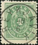 4 sk. Pjonustu perforation 12 1/2 cancelled with Reykjavik, cancelled to order. Major plate flaw with large white den in upper frame to the right, pos. 3 in each quarter sheet.