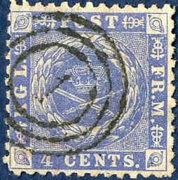 4 Cents 1873 blue, line perforation 12 1/2. Stamped with Danish numeral “1” Copenhagen, indeed rare with numeral 1, excellent copy.