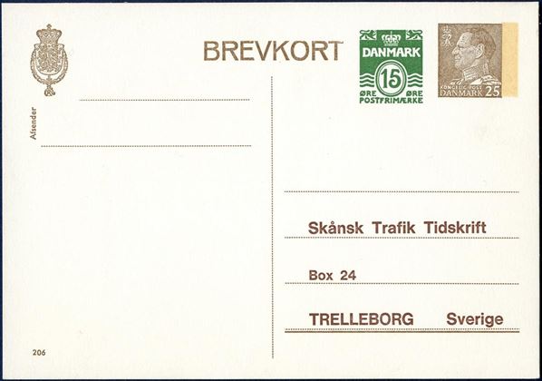 25 øre brown King Frederik IX with additional 15 øre wavy-line, printing 206. EB 131. Rare.