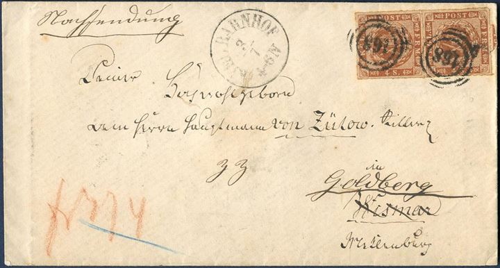 Letter sent from Kiel to Goldberg in Mecklenburg July 3, 1863 and franked with a pair of 4 sk. roulletted tied by numeral 168 of Kiel. 4 sk. from Danish rayon 1 and 4 sk. to German rayon 1, total rate 8 sk. in effect from 5.7.1854 to 31.7.1865. Only recorded letter with this franking.