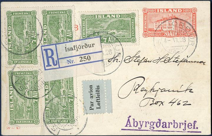 20 aur National Museum postcard (79-Kl., printed 5.200) bearing five 7 aur “Views- and buildings” intended to be transported on the FIRST FLIGHT from Isafjördur to Reykjavik the 5th of June, 1928. Rate 15 aur single postcard, registration 30 aur and 10 aur airmail charge, total 55 aura correct franking. The planned return flight to Reykjavik 5th June was delayed due to bad weather. When finally weather permitted, the air plane “Junkers F. 13” named “Sulan” made an emergency landing 20 km from Reykjavik and had to be towed after a fishing boat to Reykjavik, where it arrived the 7th with CDS Reykjavik on reverse.