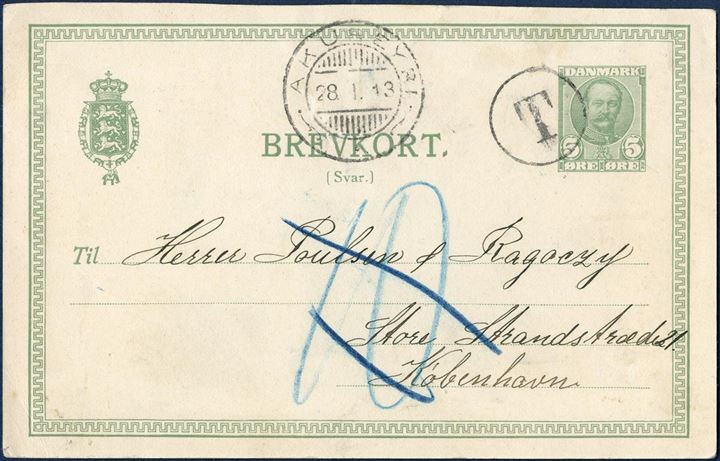 5 øre King Frederik VIII DANISH REPLY CARD sent from Akureyri to Copenhagen 28 January 1913, tied by circled “T” mark and mistakenly charged “10” aur by the Icelandic postal services alongside CDS “AKUREYRI” swiss-type. When the mistake was discovered, the 10 aur charge was cancelled.