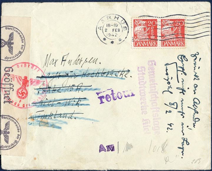 Letter sent from Aarhus 2 February 1942 to Max Andersen, a Danish slave labourer in Germany at the camp “Lager zur Hochbrücke Kiel-Wik under control of “Marinebauamt”, but then returned to sender with the message that he has left the camp. A rare example showing that Germany also used a lot of Danish slave labourers.