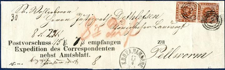 NEWSPAPER WRAPPER BAND with Postal Money Demand 22 Rdl 22 sk. sent from Hamburg to Pellworm 17.4 (1858-1863). Double letter rate paid by pair of 4 sk. 1858 wavy-line spandrels, Money Order Fee 8 sk. 5-10 Rdl. paid in cash, list no. 30. Wrapper bands are very unusual items.