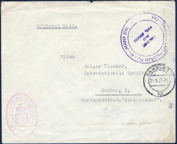 Letter sent from the “ROYAL DANISH MILITARY MISSION” c/o B.A.O.R. in Bad Salzuflen to Hamburg 21 January 1947 with a two-ring seal “HQ CONTROL COMMISSION FOR GERMANY – Message and Mail Centre”. Quite unusual letter sent from the Danish military representation in Germany.