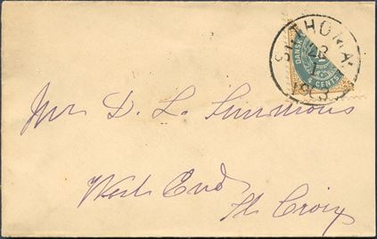 Small envelope from St. Thomas 23 January 1903 to St. Croix. Bisected 4 CENTS III. printing greenish blue shade, which is rarely seen on letters.