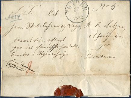 Entire letter from Horsbüll, South East of Tønder in the Duchy of Schleswig on 22 May 1852 to Thorshavn, Faroe Islands. From Tønder with list no. 5 to Copenhagen, and to Thorshavn a list no. 14 noted in pencil, paid and marked 2 Sch. C marked in red (6 RBS. Few letters from Schleswig this early has been sent to the Faroe Islands.