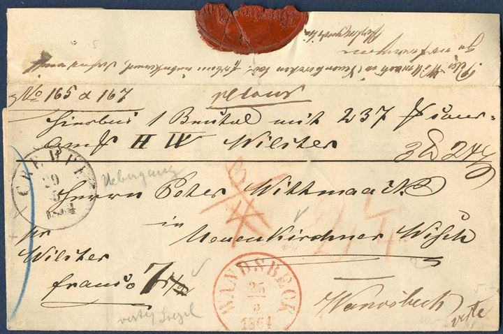 Unpaid parcel letter sent from Wandsbeck 25 May 1864 to Neuenkirchner Wiseh near Wilster with RED WANDSBECK CDS, and then returned to Wandsbeck with Crempe transit mark. Danish postmarks used when Schleswig-Holstein were occupied by the Prussian and Austrian forces.