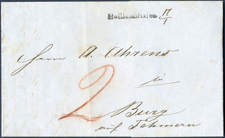 Unpaid letter sent from Heiligenhafen to Burg Fehmern 17 January 1853, stamped with 1-line mark “Heiligenhafen” + ink. 17/1 and “2” Sch. C due in red crayon. Heiligenhafen 1-line mark only recorded used from 16.11.52 till 21.1.1853 a little more than only two months. Scarce. Heiligenhafen is located north of Oldenburg and south of the Fehmarnsund Brücke in Holstein.