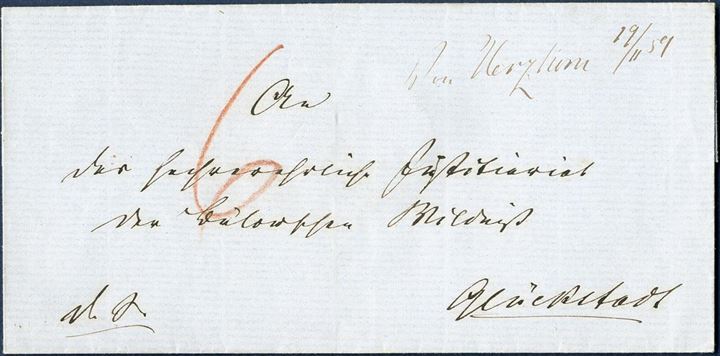 Unpaid letter charged “6” sk. noted in red crayon sent from Herzhorn to Glückstadt 29 November 1859 and endorsed with town manuscript “Von Herzhorn 29/11 59”. Herzhorn is located in Holstein, just to the east of Glückstadt. Scarce.