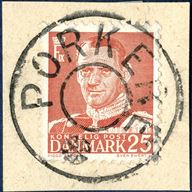 PORKERE removed-star cancel on 25 øre King Frederik IX issue tied on piece. Superb strike of scarcest of all removed-star cancels from the Faroe Islands.