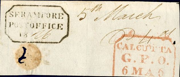 Large piece with boxed postmark SERAMPORE POST OFFICE 18 dated May 6, 1826.