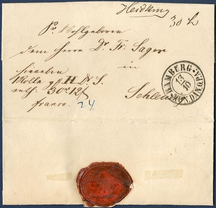 Parcel letter containing 30 Rdl 12 S sent from Tangstedt via Heidkrug, KDOPA Hamburg to Schleswig 8 October 1861, prepaid in cash with “24” Sch. C. noted in blue ink. and with town manuscript “Heidkrug” in ink. Tangsted is located just north of Hamburg. This is the earliest recorded manuscript of Heidkrug.