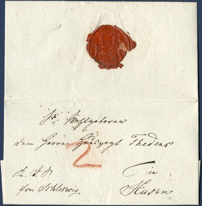 Royal Service Letter “K.D.S.” letter sent from Gross Brebel to Husum and paid to Schleswig 14 September 1829 and delivery fee of 2 Sch. C. paid by the addressee. It was not until 1855 that a small collecting office was opened in Gross-Brebel, located South East of Kappeln. 