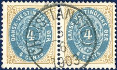4 cents bicolored III printing 1901 in pair beautifully cancelled with “CHRISTIANSTED 5.6.1903” date stamp. One short perf.