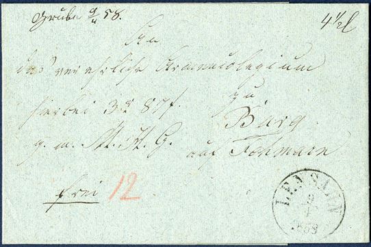 Postal Money Order sent from Grube to Burg 9 April 1858, with 3 Rdl. 87 s. and paid in cash with 12 sk., weighing 4 1/2 loth. Town manuscript on front “Grube 9/4 58” and from 1.1.1857-31.3.1866 Grube was a small collecting office, located between Cismar and Oldenburg in the Duchy of Holstein.  