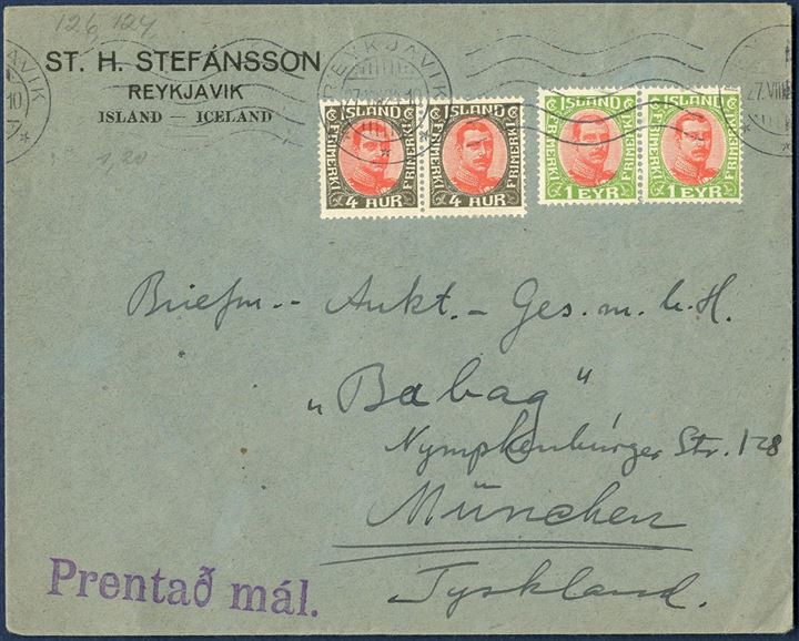 Printed matter sent from Reykjavik 27 August 1924 bearing a pair of 1 eyr and 4 aur King Chr. X 1920-22 issue, tied by Reykjavik machine cancel. Correct 10 aur franking for printed matters.