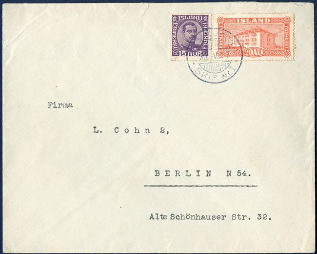 Letter sent from Reykjavik to Berlin 30 May 1927 bearing a 15 aur Chr. X and 20 aur National Library building tied by the ship CDS “REYKJAVIK SKIP Nr. I”, correct 35 aur postage.