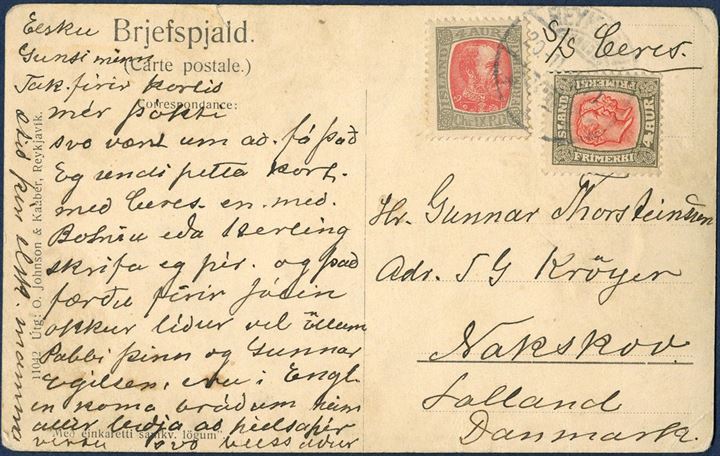Postcard sent from Reykjavik to Nakskov 20 November 1910 bearing two 4 aur Two Kings issue tied by Reykjavik CDS. With manuscript “S/S CERES” and carried by the ship to Copenhagen.