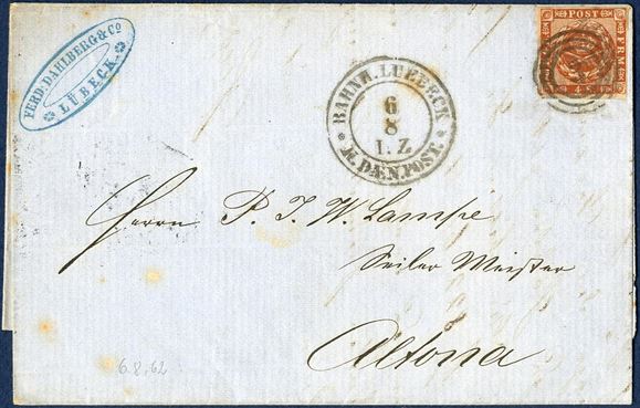 Letter sent from Lübeck to Altona 6 August 1862 baring a 4 sk. 1858-issue tied by numeral “3” alongside two-ring “BAHNH.LUEBECK * K. DÆN.POST 6/8 I.Z.”
