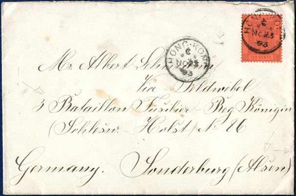 Letter sent from Hong Kong to Sonderborg 23 November 1893 bearing a 10c Hong Kong stamp with 1-ring “SONDERBURG” arriving mark on back. 