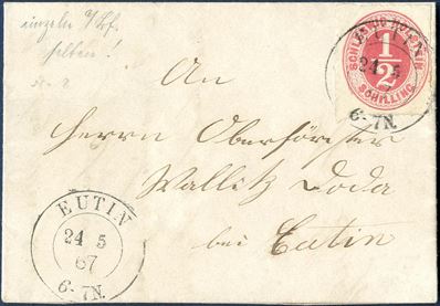 Letter sent and dated from Neukirchen to Eutin 24 May 1867 bearing a 1/2 Sch. “SCHLESWIG-HOLSTEIN” Mi. 8 tied by double ring “EUTIN 24 5 67 6-7N” and cancelled when received in Eutin.