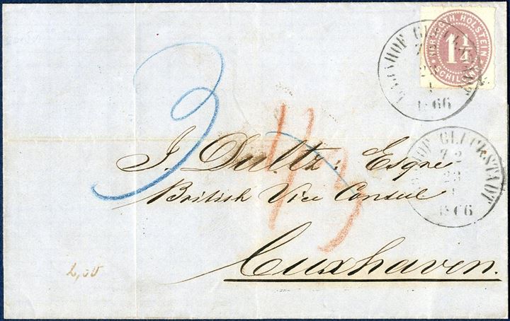Partly paid letter sent from Glückstadt to Cuxhaven 23 April 1866 bearing a 1 1/4 Sch. “HERZOGTH.HOLSTEIN” Mi. 20 tied by railway mark “BAHNHOF GLÜCKSTADT Z2 23 4 1866” and charged by the addressee for the postage from Hamburg to Cuxhaven by blue “3”. Ritzebüttel transit mark on reverse.