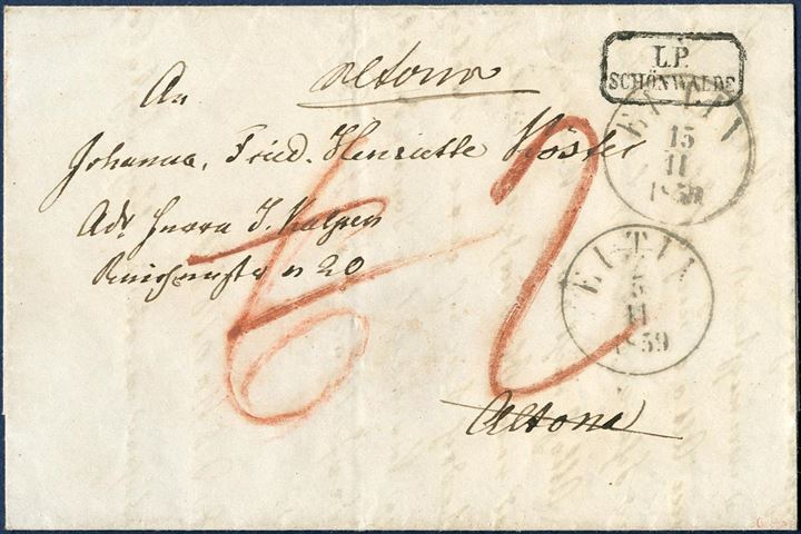 Letter sent from Schönwalde to Altona 5 November 1859 with rural octagonal mark “L.P. SCHÖNWALDE” through “EUTIN 5 11 1859” and Charge 6 sk. by red crayon. Letter returned and arrived in Eutin 5 November and charged “2” Sch. by the sender.
