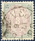 3 sk. bicoloured II printing with INVERTED FRAME position A-90 in excellent condition. Very scarce stamp.