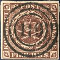 4 Rigsbankskilling Thiele II blackish brown, with numeral 119 Itzehoe. Superb centered numeral cancellation.