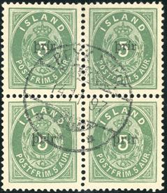 Block of four with Provisional Ze-tenant Prir SMALL / LARGE overprint perforation 12 3/4, cancelled with “REYKJAVIK 14.11.1897” CDS. Only 3-4 used blocks of four recorded, this could well be the best preserved and well centred stamps and nicely cancelled.