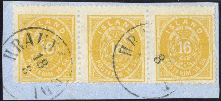 16 sk. yellow perf 12 1/2 strip of three, largest used multiple known. Cancelled to order, on piece.