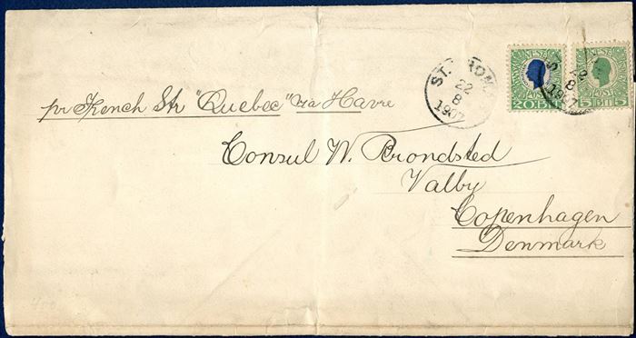 Printed Matter Wrapper Band sent from St. Thomas to Copenhagen 22 August 1907 on “pr. French steamer “Quebec” via Havre” in manuscript with Copenhagen arrival mark 9.9 on reverse. 25 BIT pays for 5th weight class of printed matters, extremely scarce letter with the Kings issue.