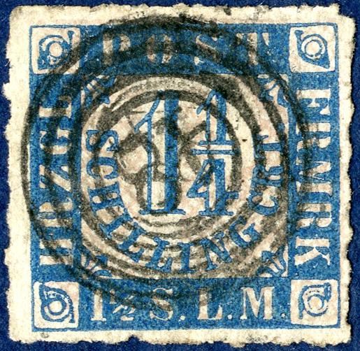 1 1/4 Schilling blue/rose rouletted issued. Cancelled with the very different looking four-ring cancel WESSELBUREN.