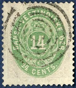 14 cents bicolored, cancelled with a clear strike of the wedge type  5-ring cancel. Very fine quality.