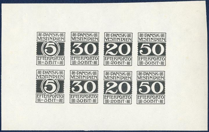 Postage Due imperforate black proof sheet of eight, with two rows of 5, 30, 20 and 50 BIT, on white paper with full gum.