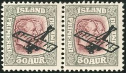 50 aur air mail Two Kings issue with airmail surcharge, left stamp with King Chr. IX hair RETOUCHED, extremely rare variety, hinged.
