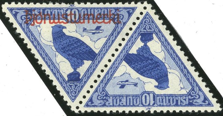 10 aur Airmail Parliament 1000 years, official stamp overprinted “Pjonustumerki” in pair. Variety with only one of the stamps overprinted. As far as I have found out, such a pair has not previously been reported.