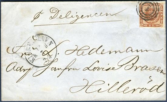 Letter sent from Copenhagen to Hillerød 12 July 1858-62 and at the front endorsed “pr. Deligencen” mail coach, a very scarce endorsement on Danish letters.