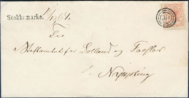 Letter sent from Søllested to Nykjøbing 17 December 1864, bearing a 4 sk. Arms issue tied by numeral “110” alongside 1-line mark “STOKKEMARKE 18/12 64”. Rare in such a appealing qualilty.