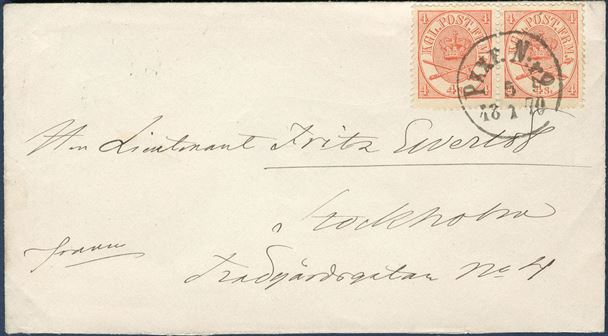 Letter sent to Stockholm from Denmark 5 January 1870 bearing two 4 sk. 11 Printing tied by Swedish CDS “PKXP N:R2 - 5.1.1870” tying the 4 sk pair, paying the 8 sk. rate to Sweden. Excellent quality.