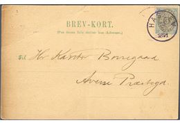 Brev-Kort sent from Haslev to Aversi 25.7.1891 bearing a 3 øre bicolored IX printing, tied by CDS Lap VIa-2 “HASLEV 25.7.1891” in violet. Only recorded LAP VIa-2 Haslev on letter.