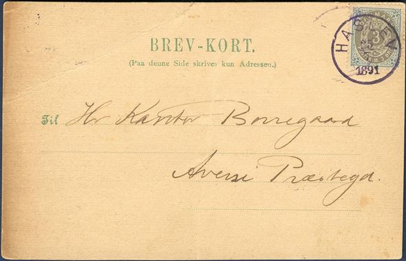 Brev-Kort sent from Haslev to Aversi 25.7.1891 bearing a 3 øre bicolored IX printing, tied by CDS Lap VIa-2 “HASLEV 25.7.1891” in violet. Only recorded LAP VIa-2 Haslev on letter.